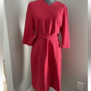 Hugo Boss V-Neck Pink Belted Sheath Dress